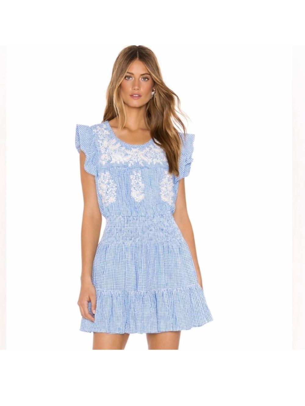 Madison Mathews Light Blue Gingham Embroidered Smocked Mini Dress